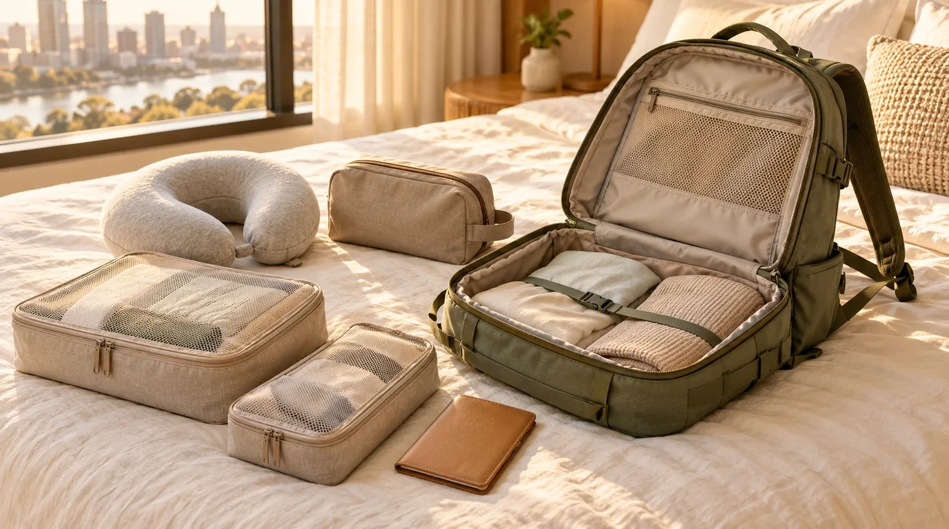 An open olive green travel backpack on a hotel bed beside beige packing cubes, a grey neck pillow, a toiletry pouch and a tan passport holder, with a river and city view through the window