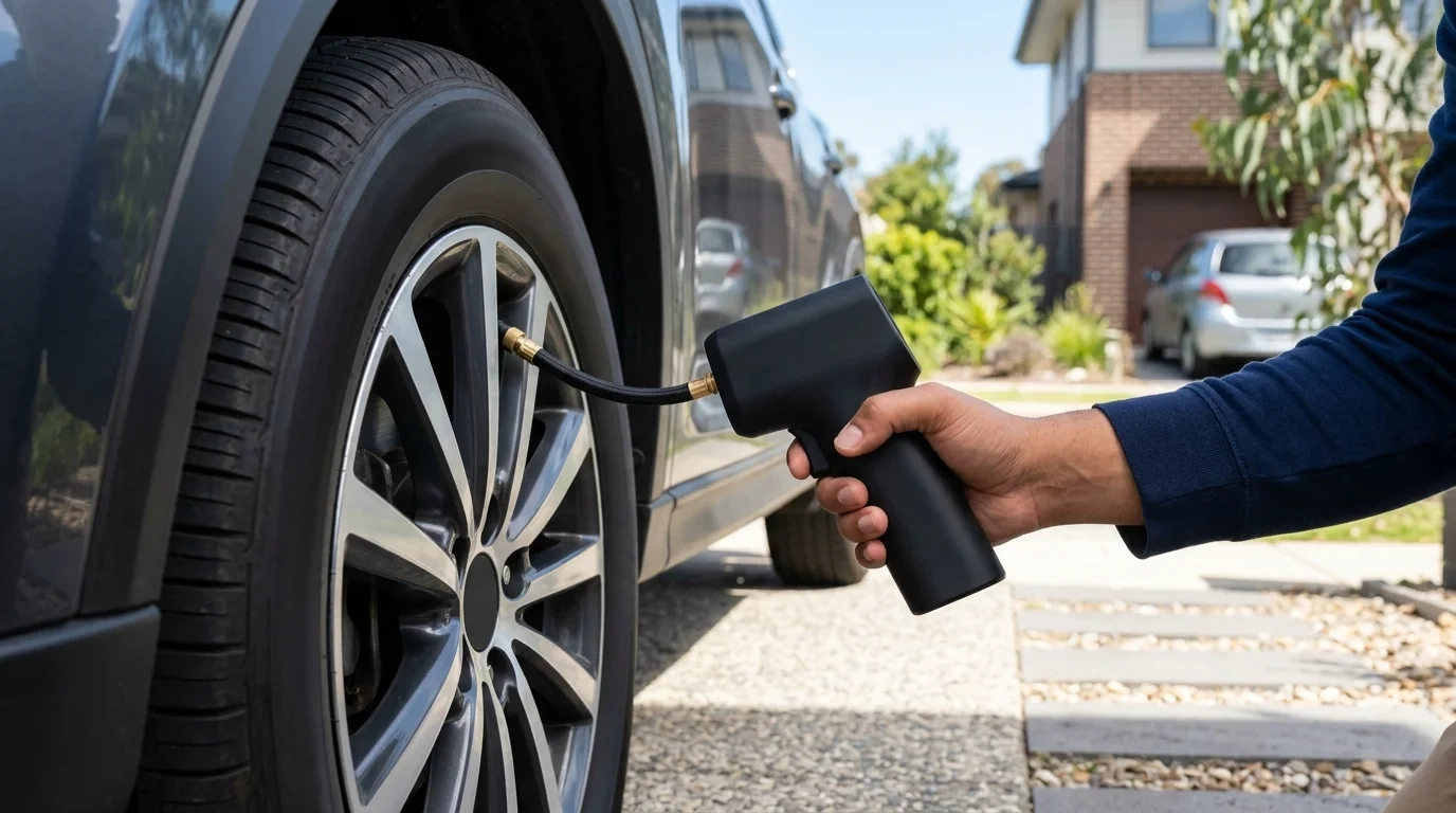 A hand holds a black pistol grip tyre inflator with a braided hose connected to the valve of a car alloy wheel in a suburban driveway