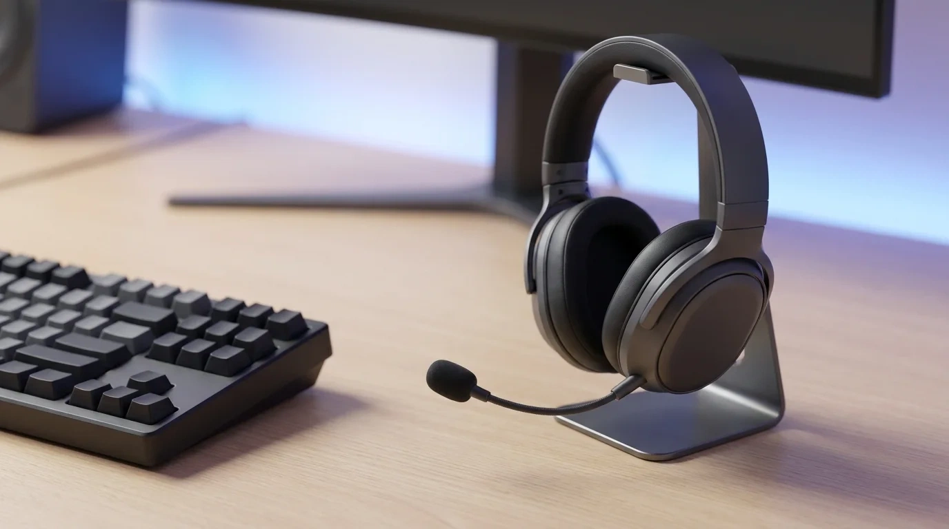 Black over ear headphones with a boom microphone resting on a metal stand beside a black keyboard and a monitor on a timber desk