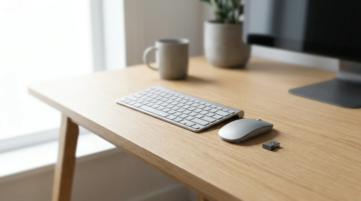 A slim silver wireless keyboard and mouse with a small USB receiver on a light oak desk, with a grey mug, a potted plant and a monitor behind