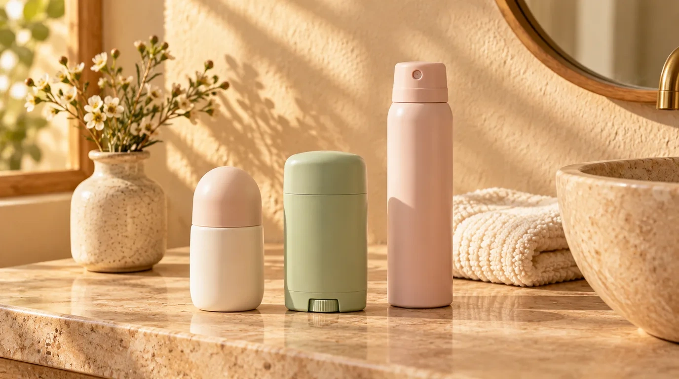Three unbranded deodorants, a cream and blush roll on, a sage green stick and a tall blush pink spray can, standing on a stone vanity beside a vase of white flowers, a folded towel and a round mirror in warm sunlight