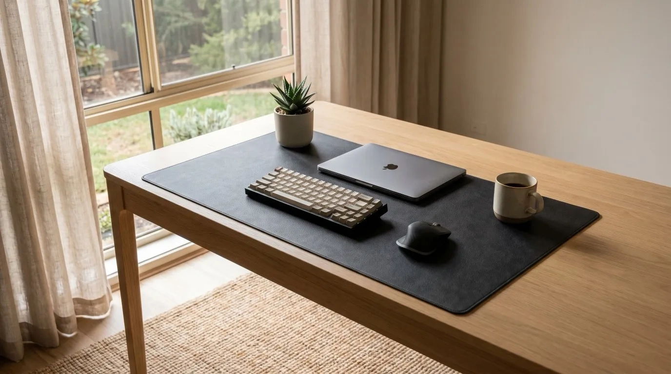 A wooden desk beside a window with a garden outside, holding a black desk mat, a compact keyboard, a closed laptop, a wireless mouse, a small plant and a mug