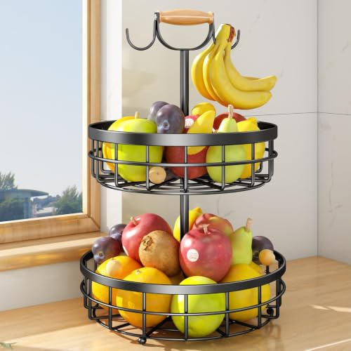 SAYZH 2-Tier Fruit Basket with Wood Handle