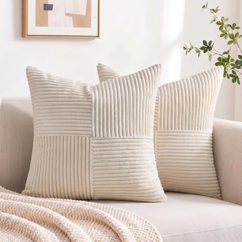 FDTERN Cream Beige Corduroy Christmas Cushion Covers, Set of 2