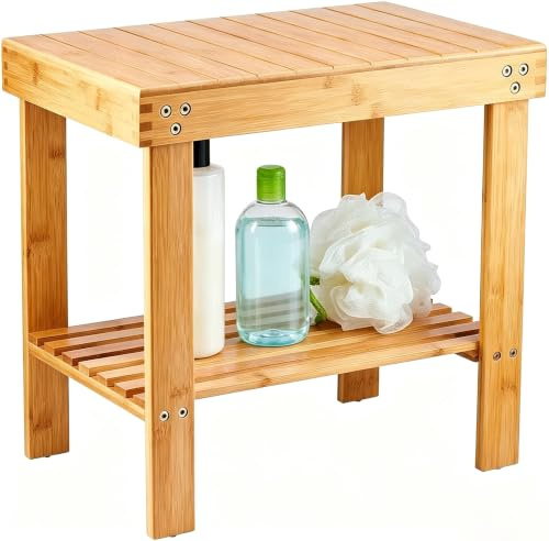 VaeFae Bamboo Spa Bench Shower Stool with Storage Shelf