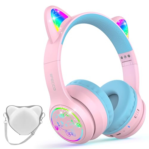 IFECCO Kids Bluetooth Headphones with Case, Cute LED Light Up Cat Ears