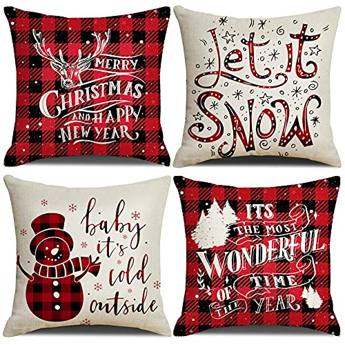 Bigqin Christmas Linen Cushion Covers, Set of 4
