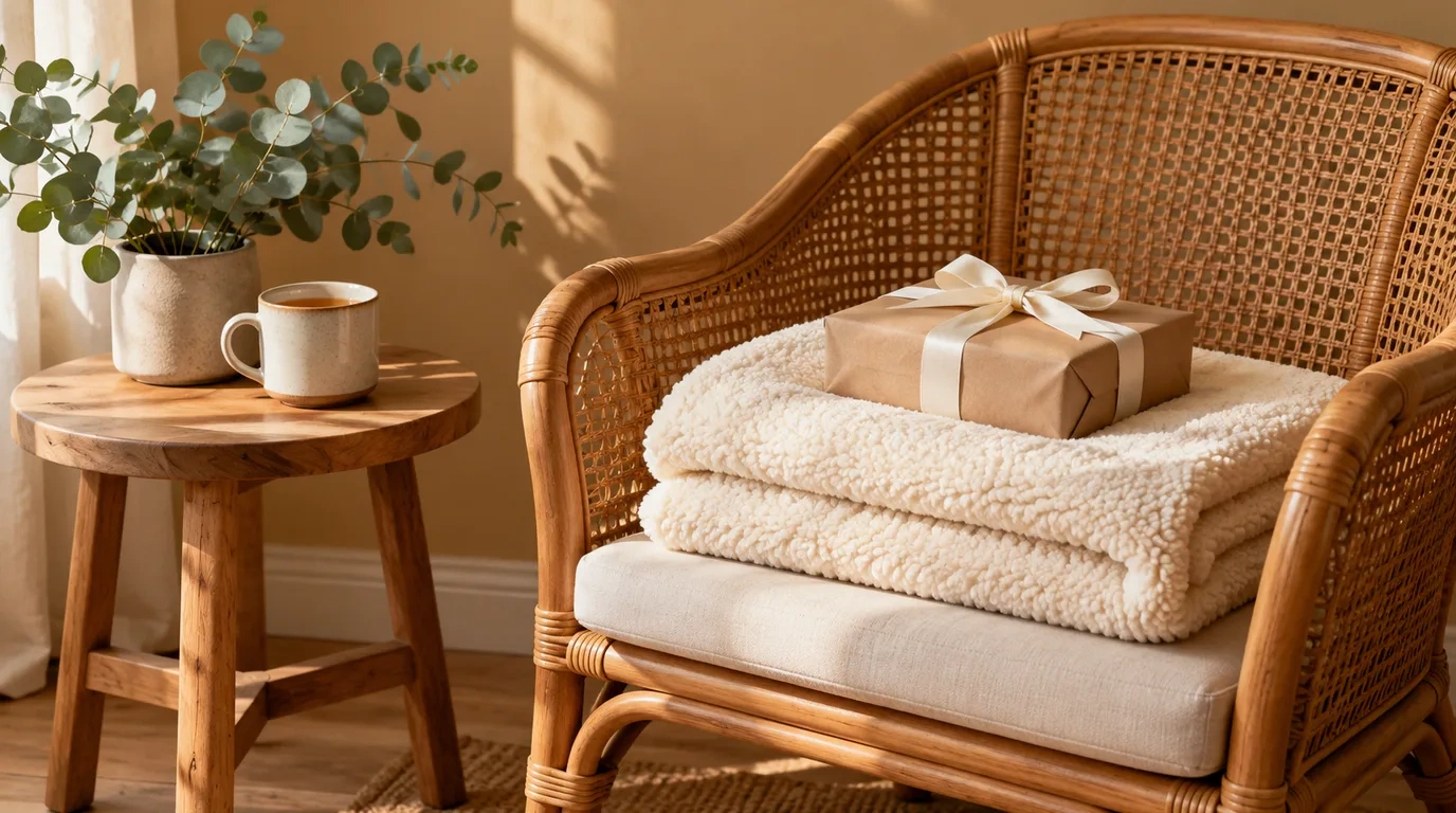 A folded fleece throw and a wrapped gift on a rattan armchair, with a cup of tea on a side table in morning sun