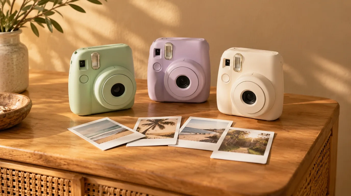 Three pastel instant cameras on a timber cabinet beside a row of instant photo prints of the beach