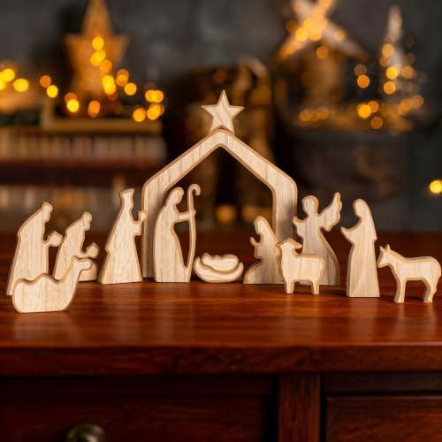 NEROSUN 13-Piece Wooden Nativity Set