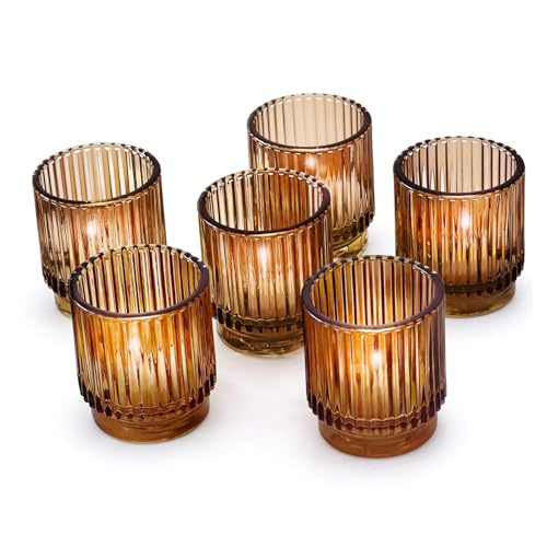 Kate Aspen Vintage Ribbed Amber Glass Tealight and Votive Candle Holders (Set of 6)