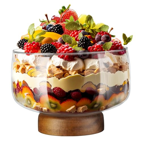 NiHome Glass Trifle Bowl with Acacia Wood Stand 3.6L
