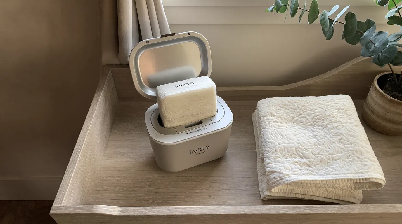 An open baby wipe warmer with the lid raised on a timber change table in an Australian nursery