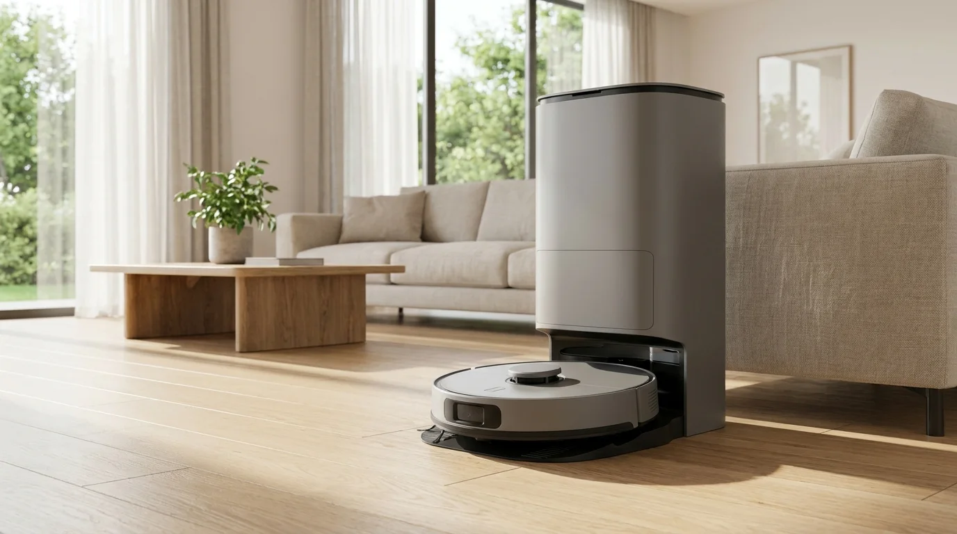 A robot vacuum cleaning a timber floor in a modern Australian living room