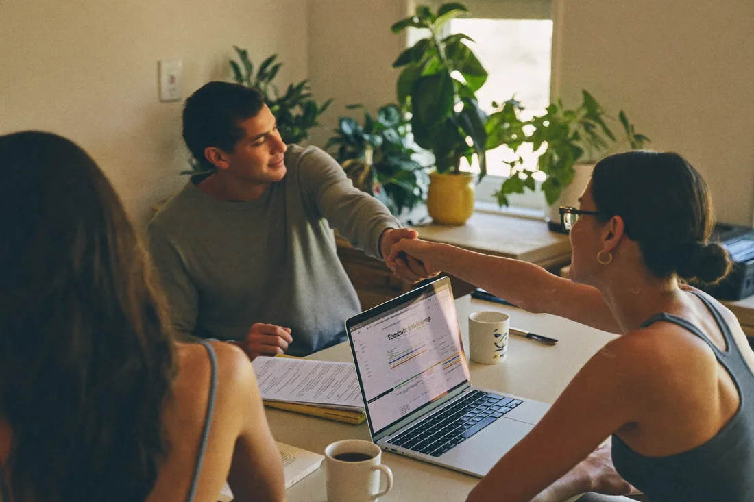 A mortgage broker reviewing home loan options with a young Australian couple at a kitchen table.