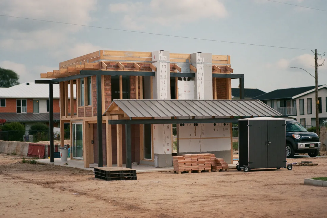 A new single-storey project home under construction at frame stage on a suburban block in an Australian growth corridor, showing the timber frame and Colorbond roof before cladding.