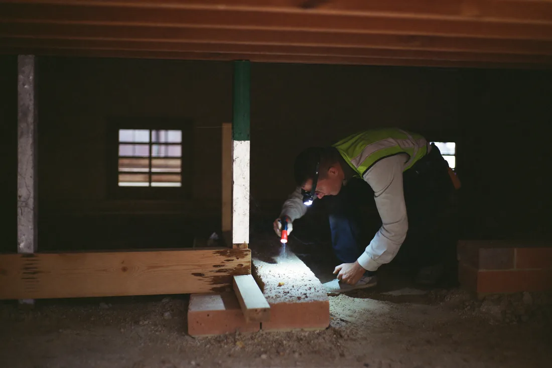 Building inspector in hi-vis checking subfloor timber bearers for termite damage during a pre-purchase inspection at an Australian home.