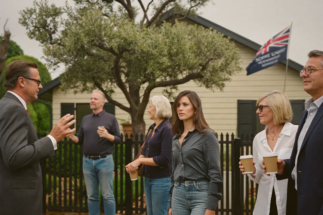 An auctioneer takes bids at a Saturday auction outside a suburban Melbourne house, with a small crowd of prospective buyers watching.