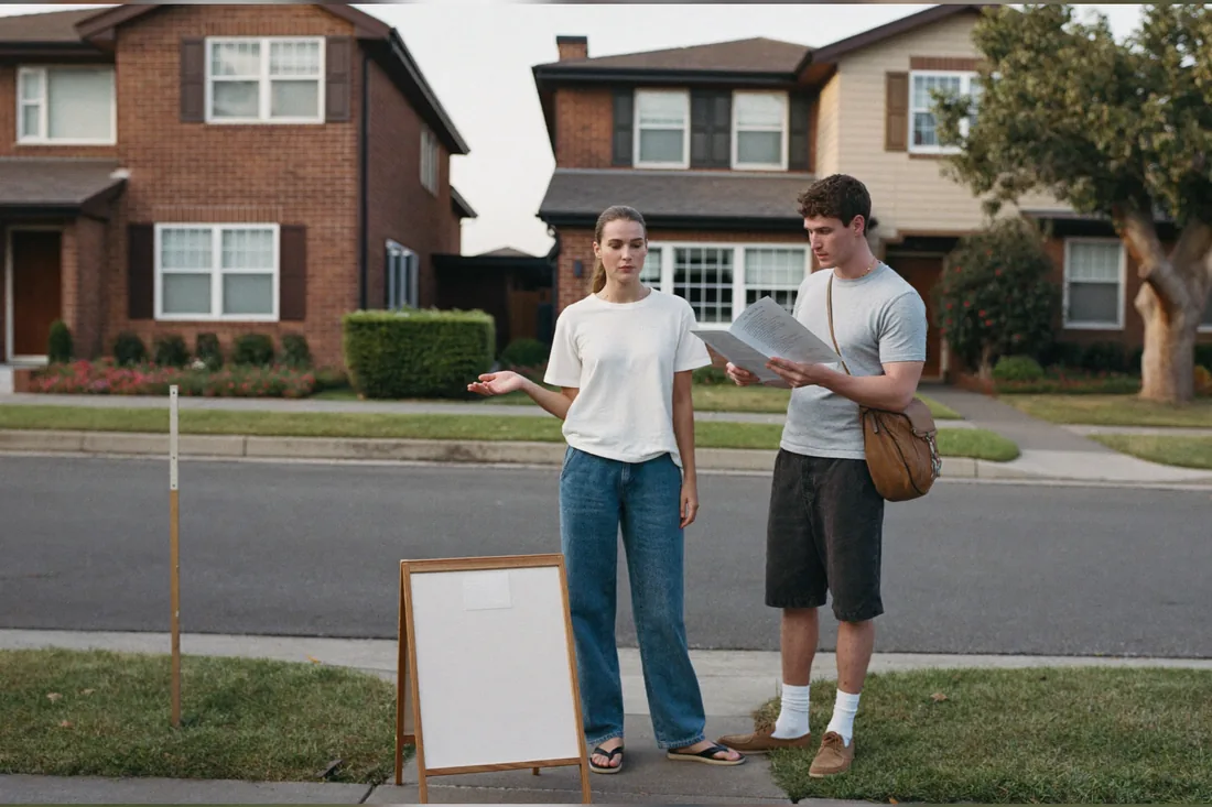 A young couple inspecting a modest suburban Sydney home at an open inspection.
