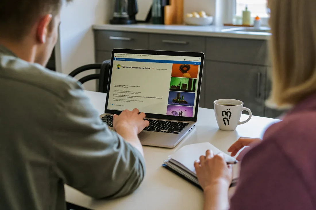 A young Australian couple reviewing their superannuation and deposit savings on a laptop at their kitchen table.