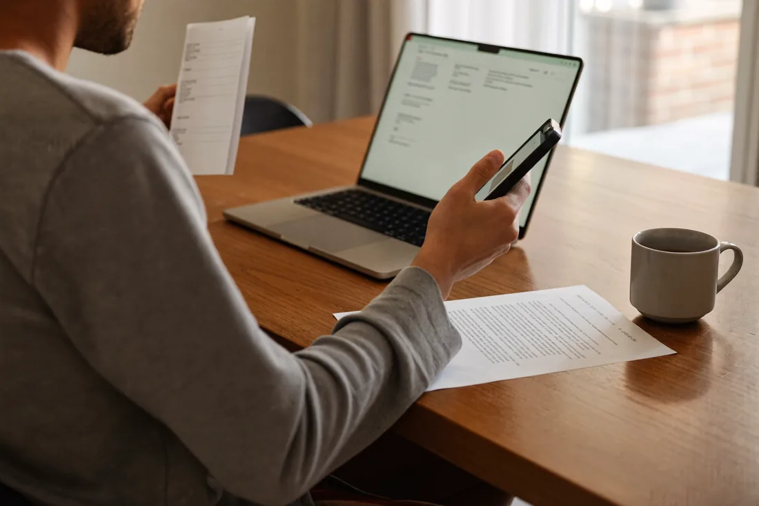 A first-home buyer reviewing their HECS-HELP balance and finances at home before applying for a home loan.