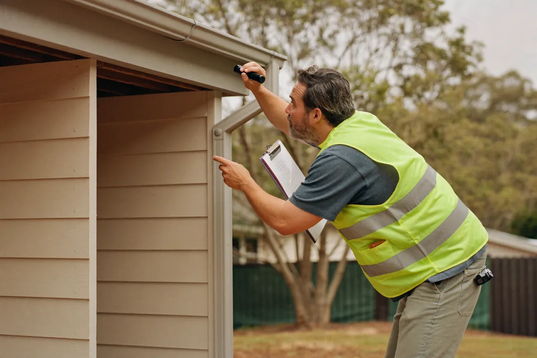 A building inspector in hi-vis examining the exterior of a suburban Australian home during a pre-purchase building and pest inspection.