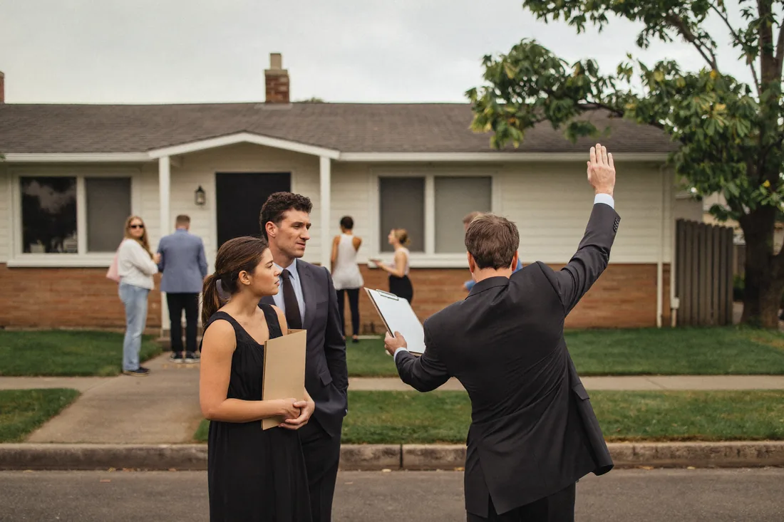 A small crowd of bidders gathered on the footpath outside a suburban Australian home during a property auction, with the auctioneer mid-call.
