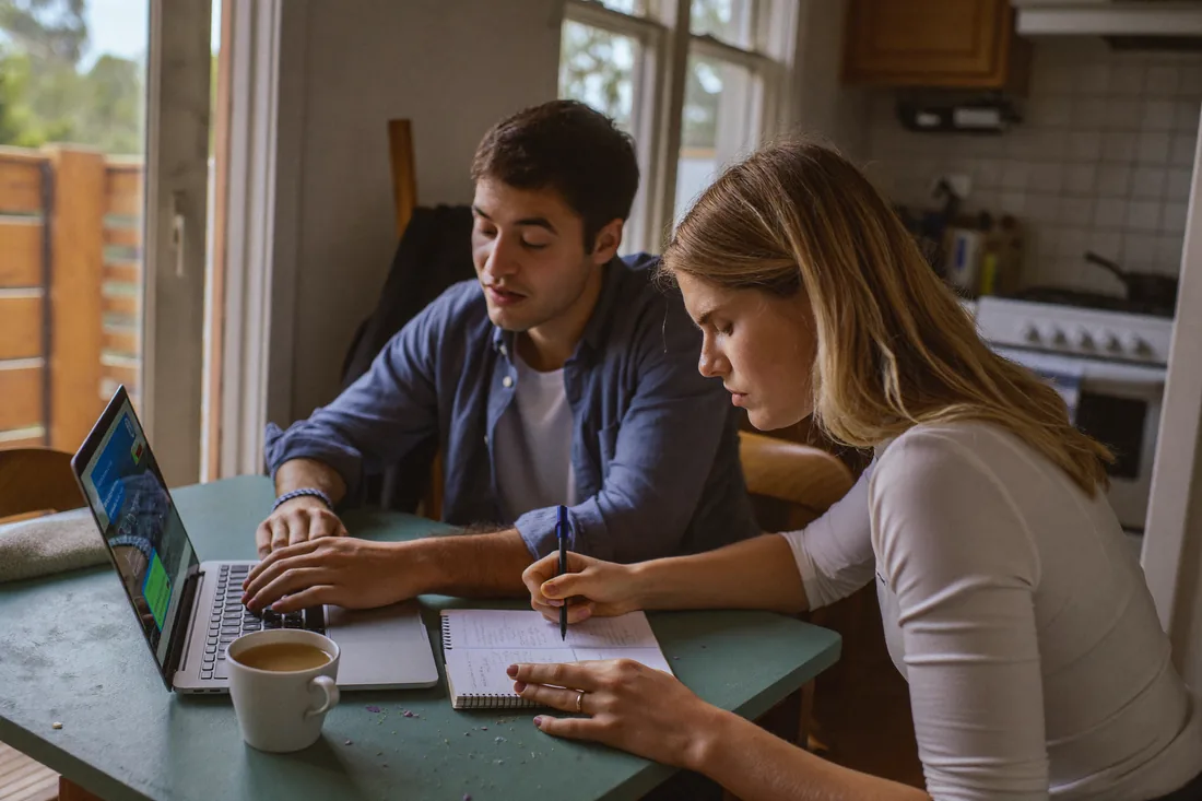 A young Australian couple reviewing their household budget at the kitchen table of a rental flat while saving for a house deposit.