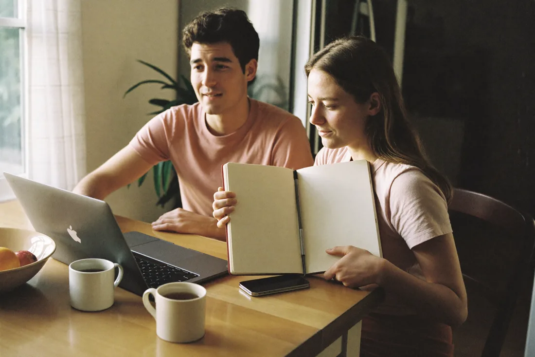 A young Australian couple at their kitchen table reviewing home loan figures on a laptop while comparing offset account savings.