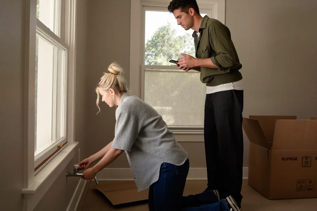 First home buyers carrying out a pre-settlement inspection in an empty Australian home, checking the fixtures before settlement.