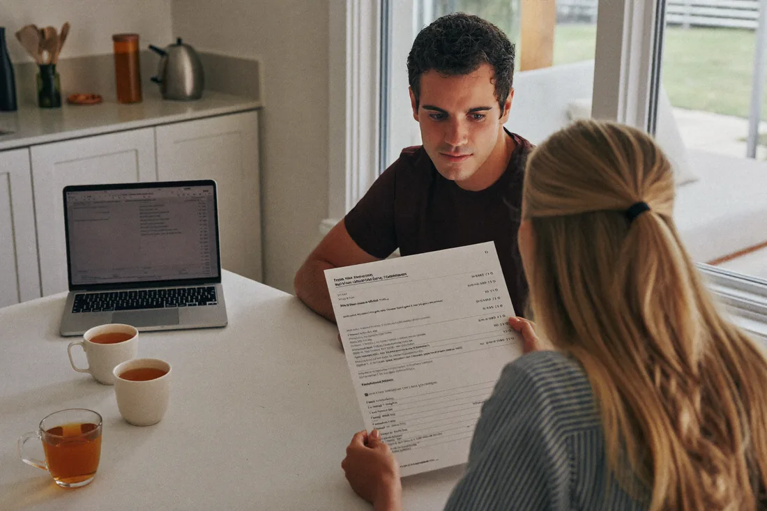 A first home buyer couple reviewing an itemised conveyancing quote at their kitchen table in Australia.