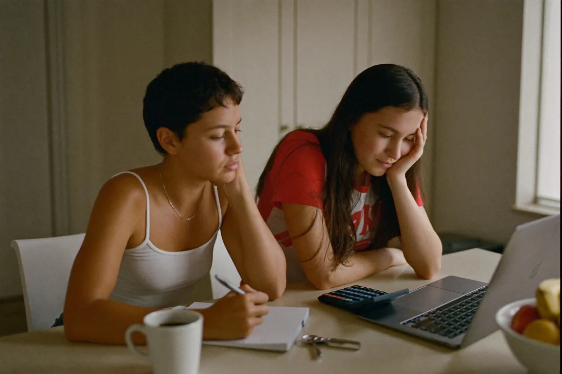 First home buyer couple at their kitchen table reviewing home loan costs on a laptop, working out their deposit and LMI.