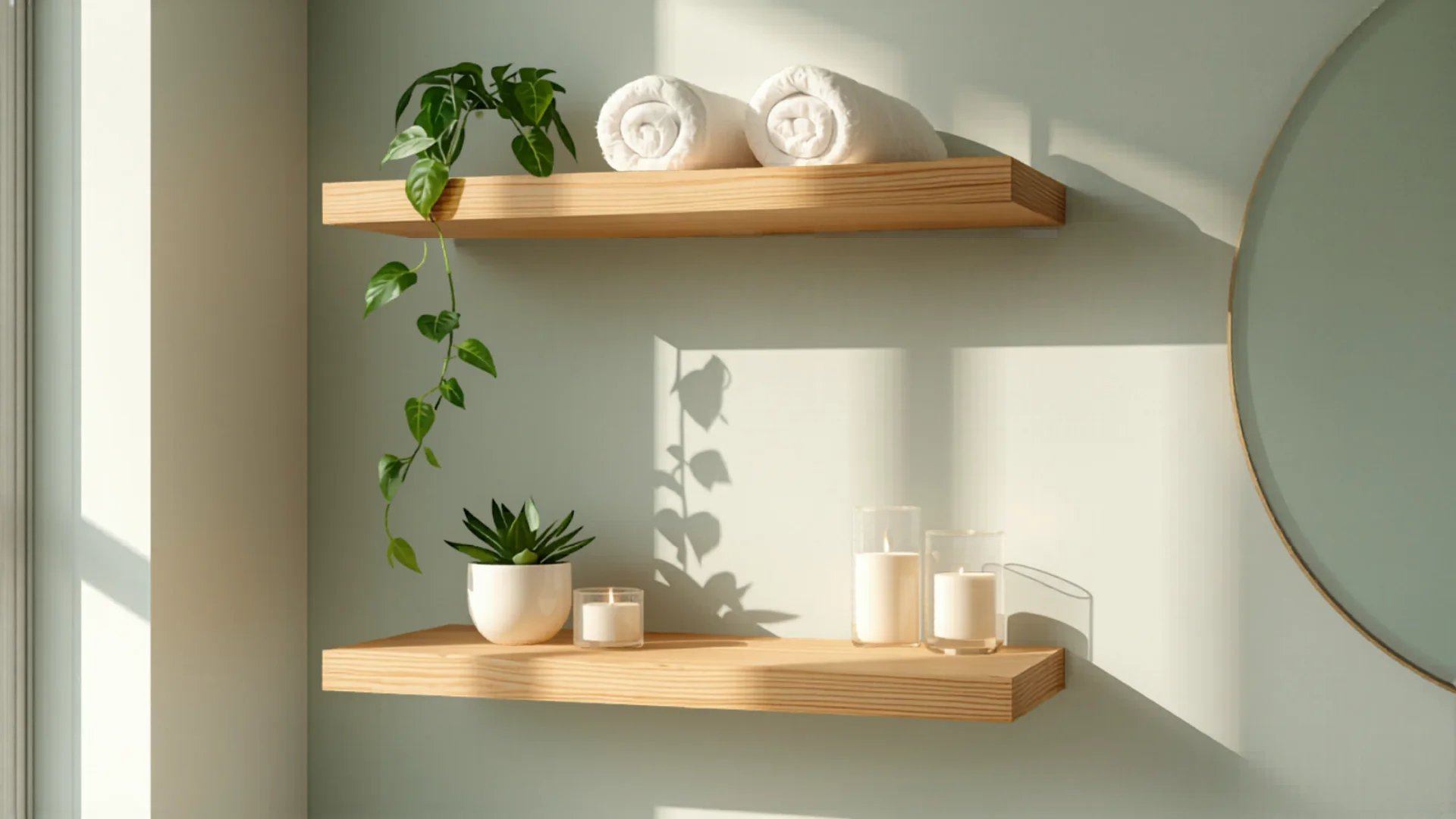 Stylish bathroom shelves with folded towels and decor in modern home