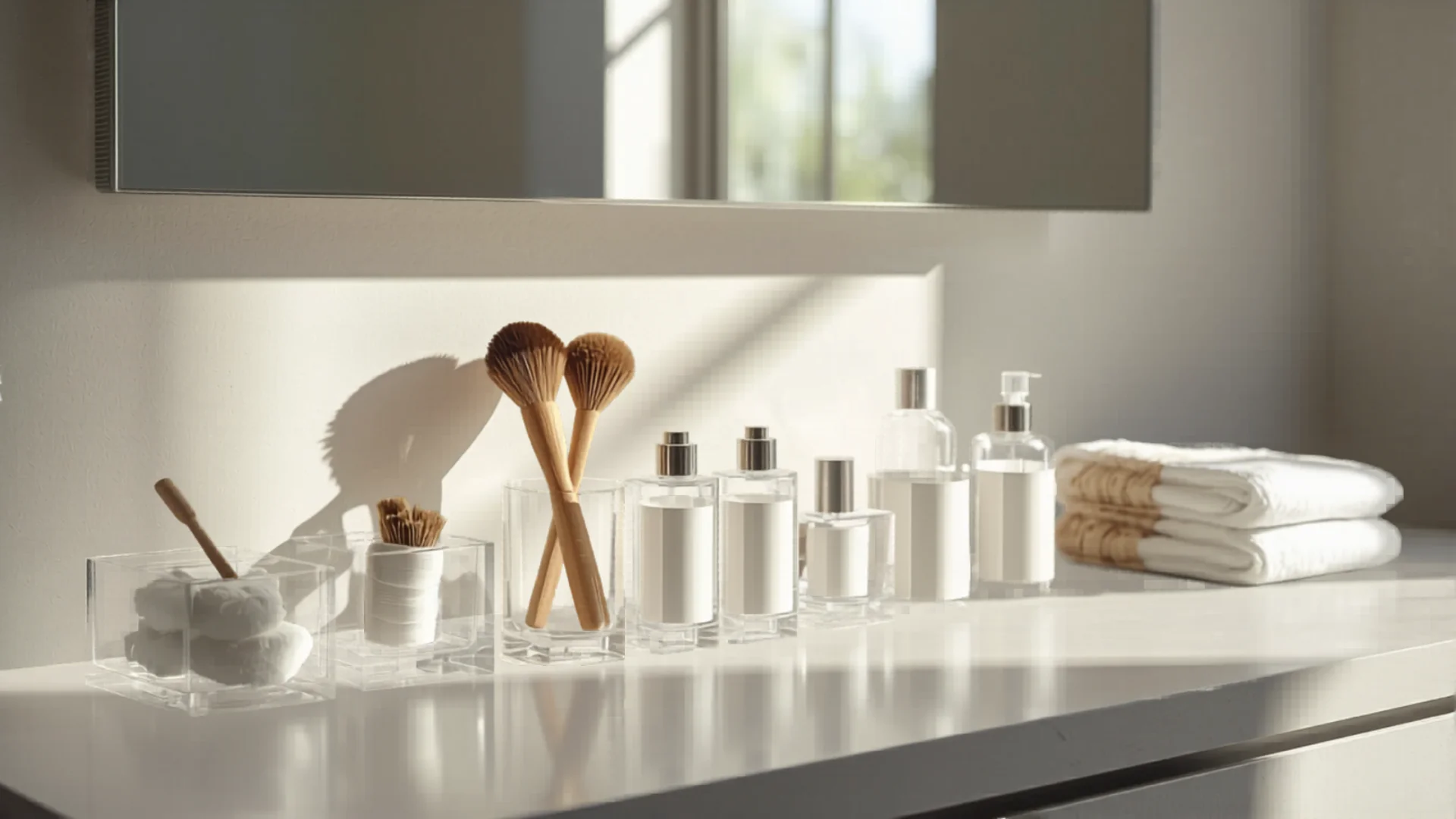 Tidy bathroom vanity with organized drawers and storage baskets