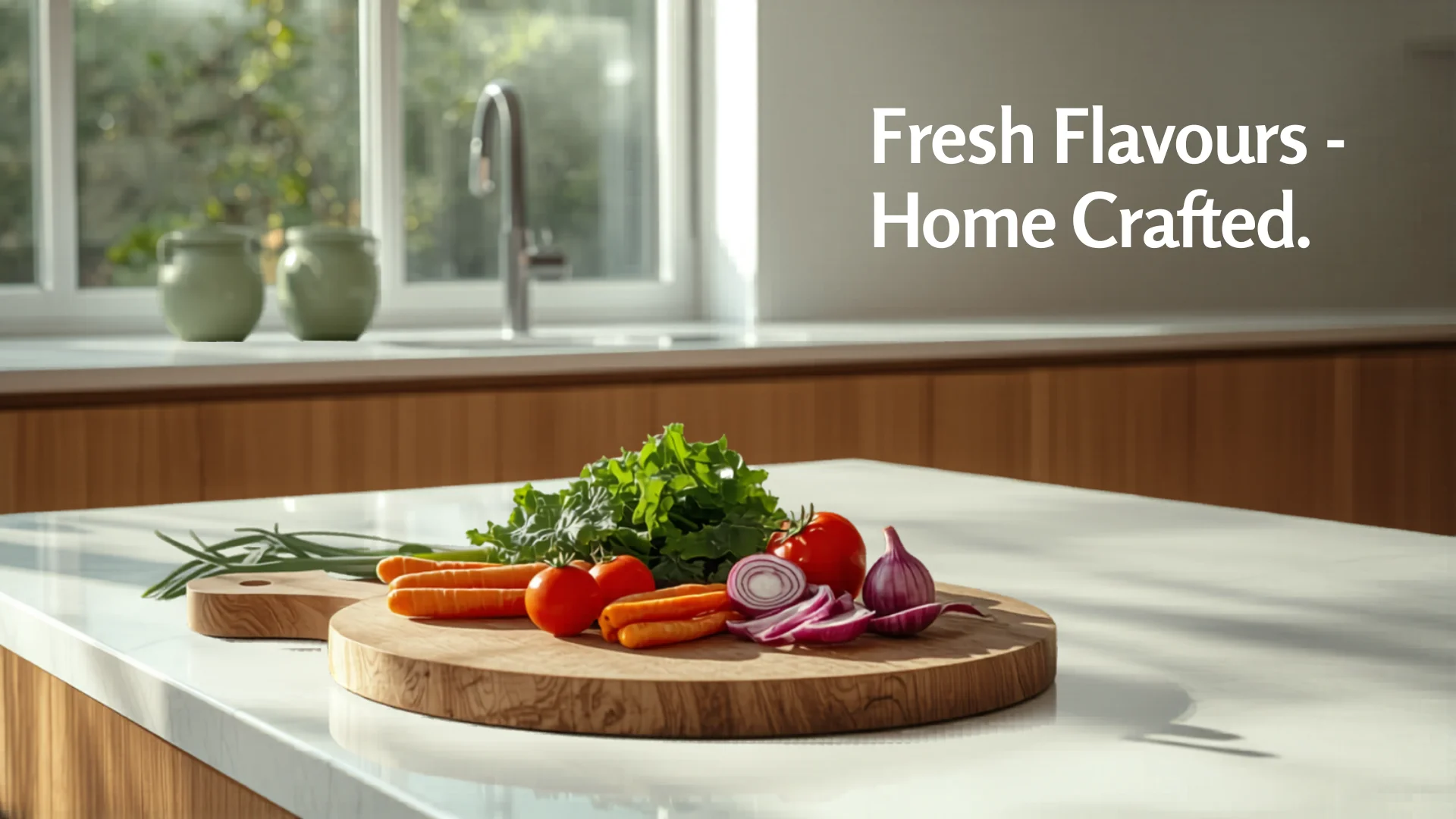 Modern bright Australian kitchen with fresh ingredients on benchtop