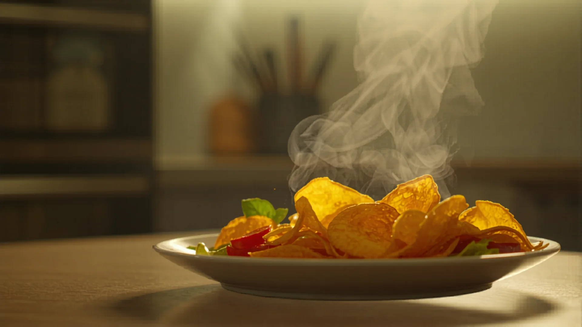 Golden crispy chips and vegetables fresh from air fryer on plate