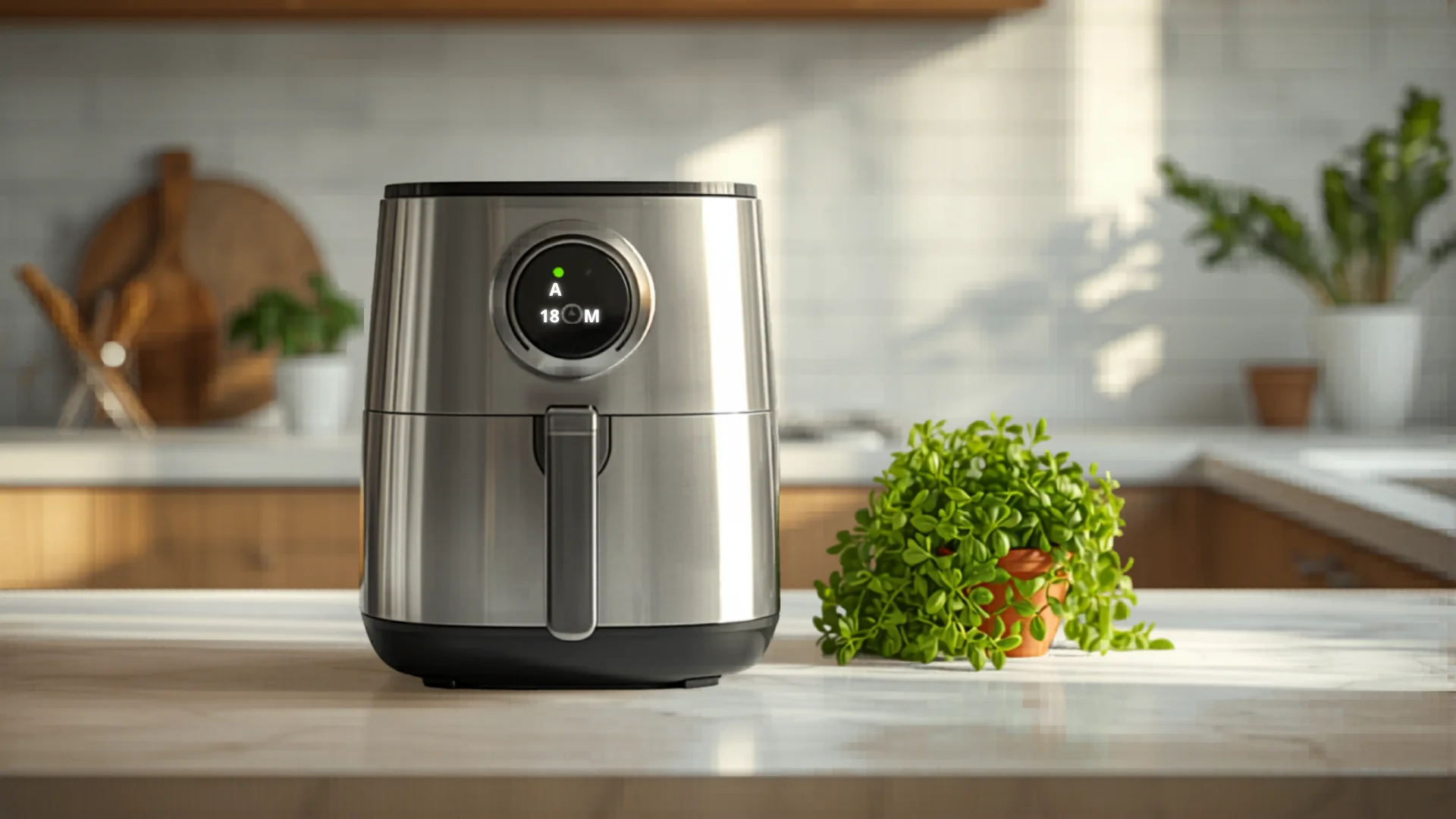 Air fryer on clean white kitchen benchtop in modern Australian kitchen