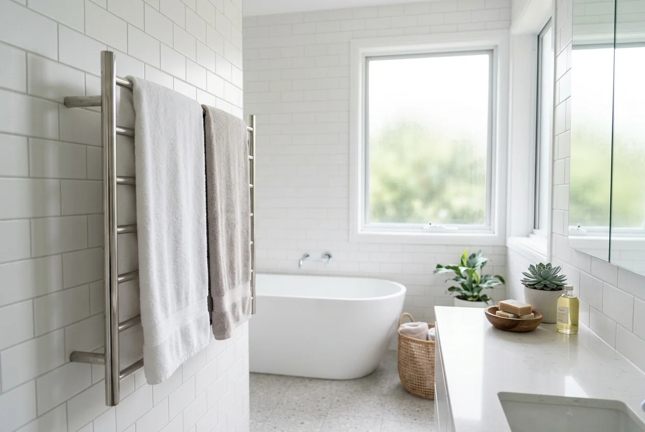 Folded bath towels hanging on a rail in a bright modern Australian bathroom