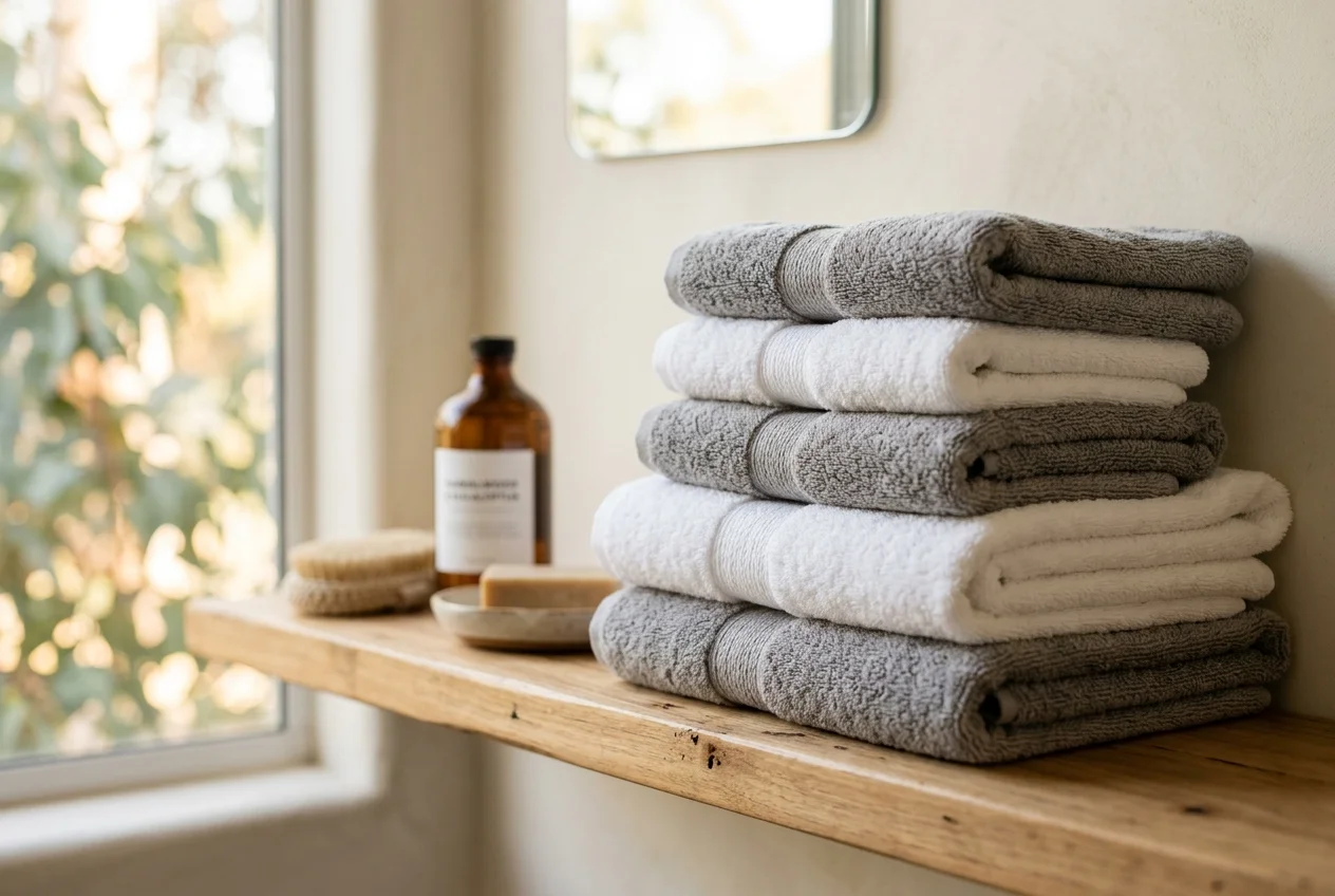 Neatly folded stack of soft cotton bath towels on a bathroom shelf