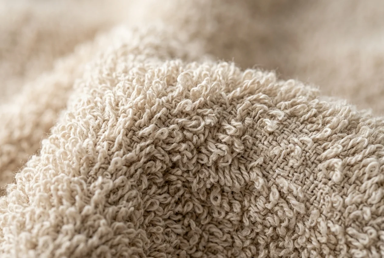 Close-up of the looped pile weave and texture of a folded cotton bath towel