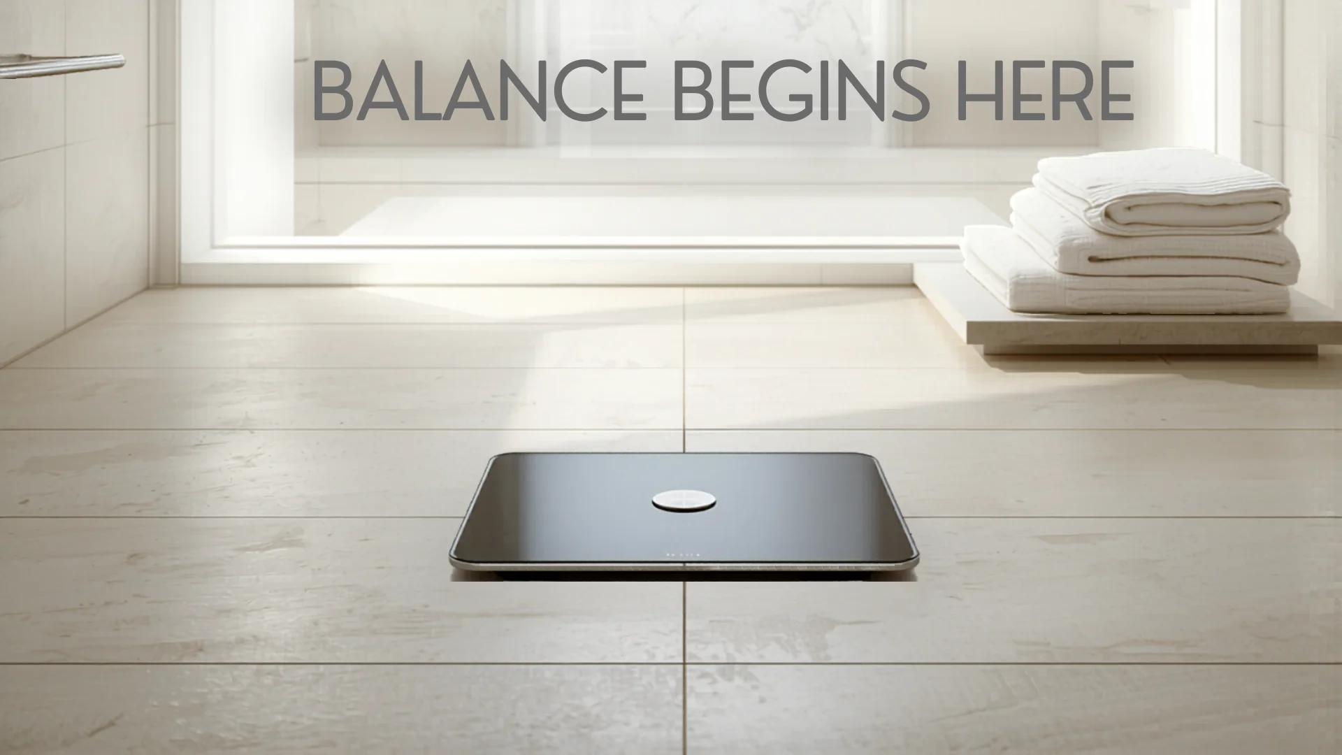 Modern bathroom with digital scale on clean tile floor