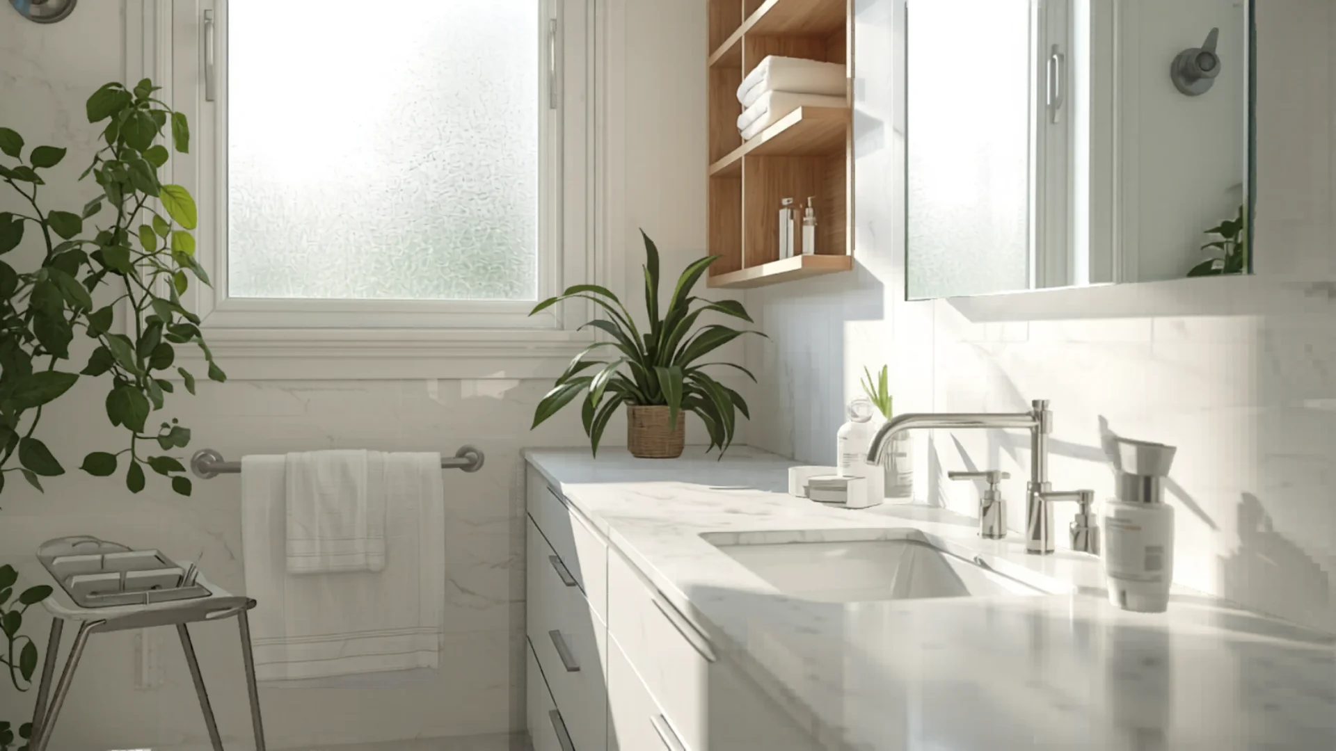 Clean bright modern bathroom with scale and fresh towels