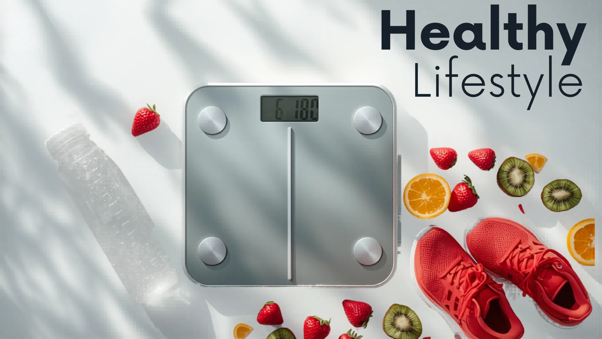 Healthy lifestyle flat lay with bathroom scale and running shoes