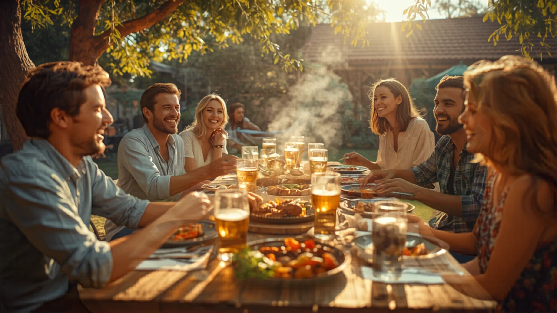 Friends gathering around outdoor BBQ in Australian backyard