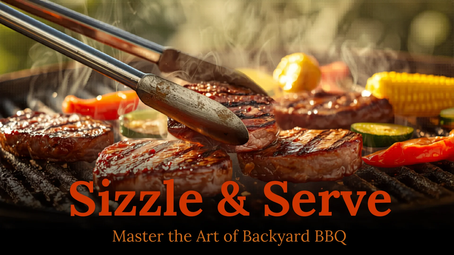 Sizzling meat and vegetables on hot BBQ grill with smoky atmosphere