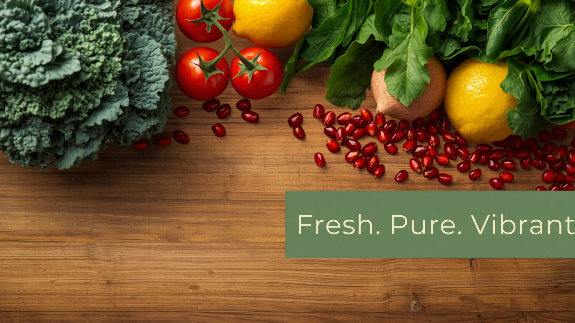 Fresh fruit and vegetables arranged on timber counter ready for blending