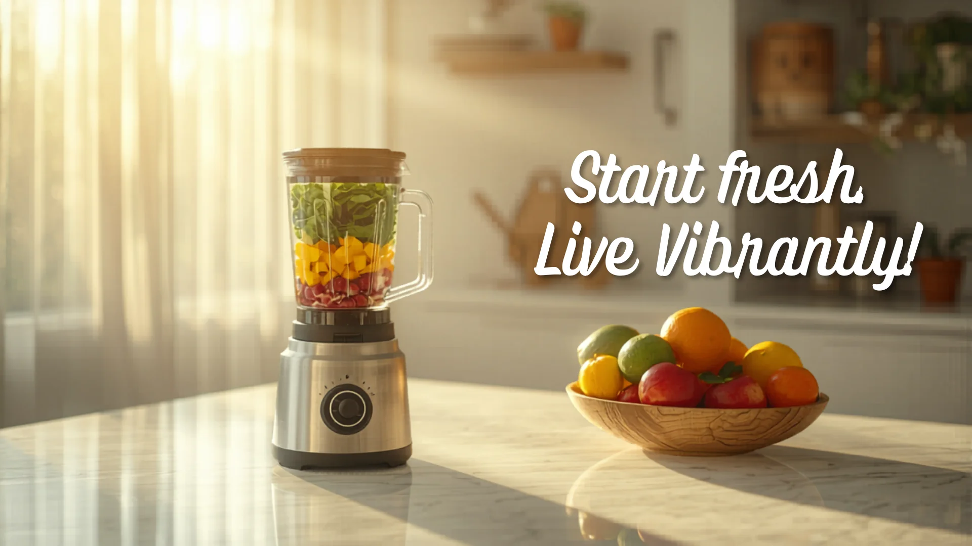 Modern Australian kitchen with blender and fresh ingredients on benchtop