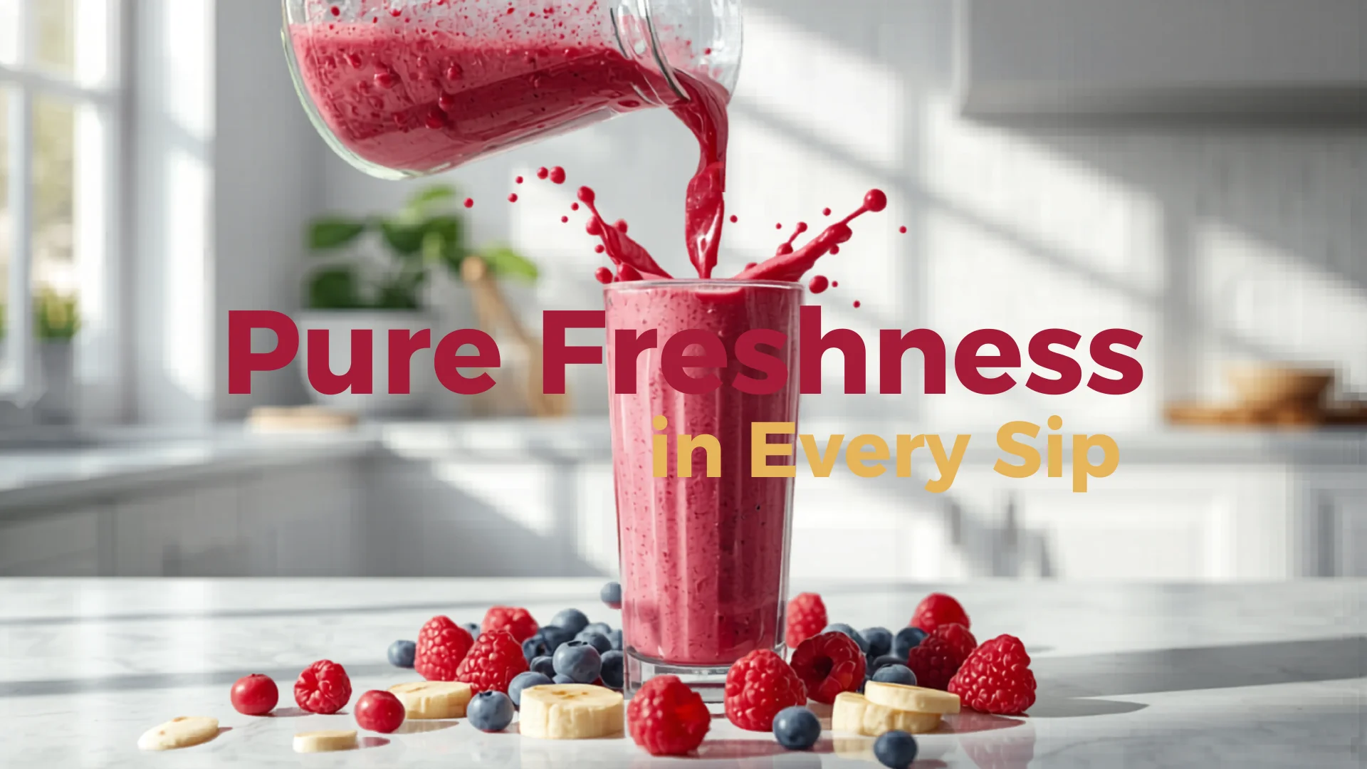 Colourful smoothie being poured into glass beside high-performance blender