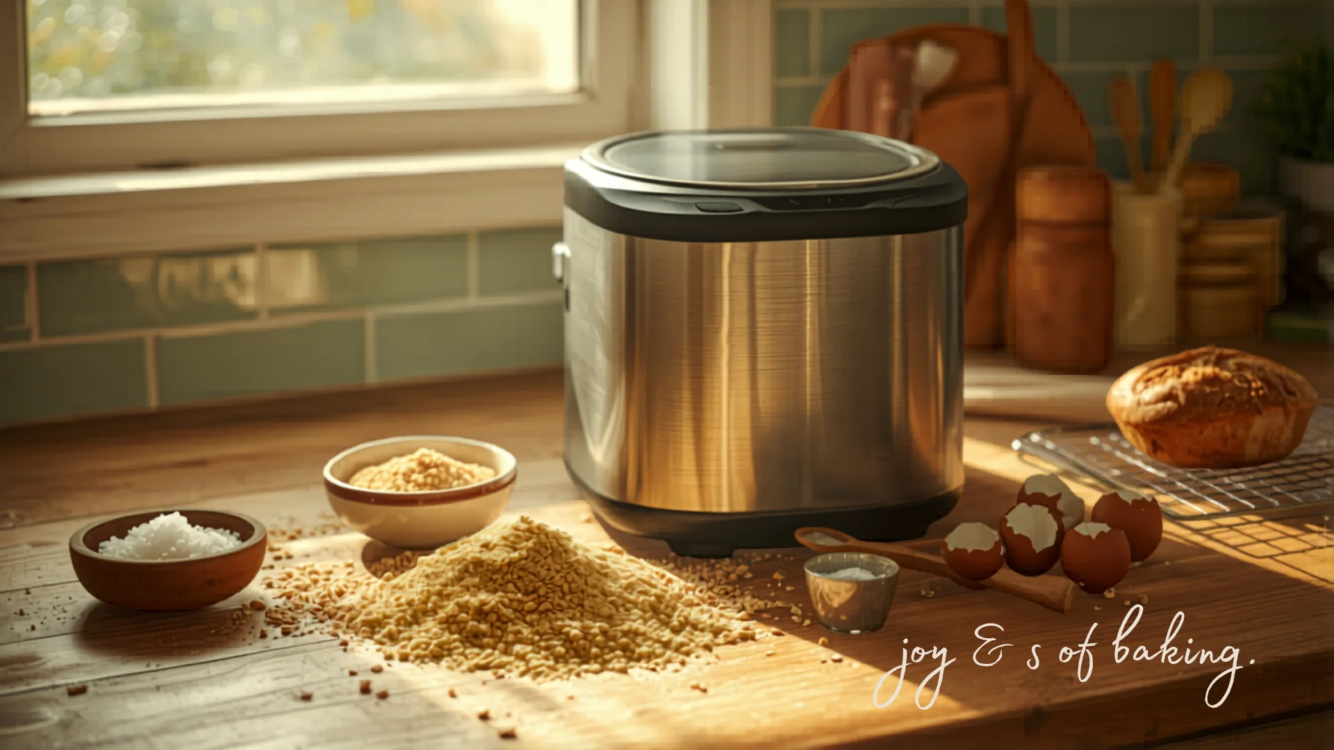 Bread maker on kitchen bench with flour and baking ingredients