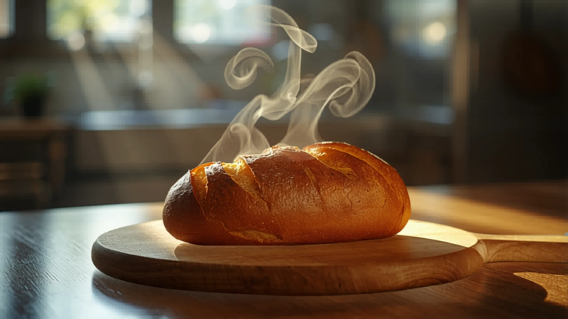 Fresh homemade bread loaf from modern bread maker in bright kitchen